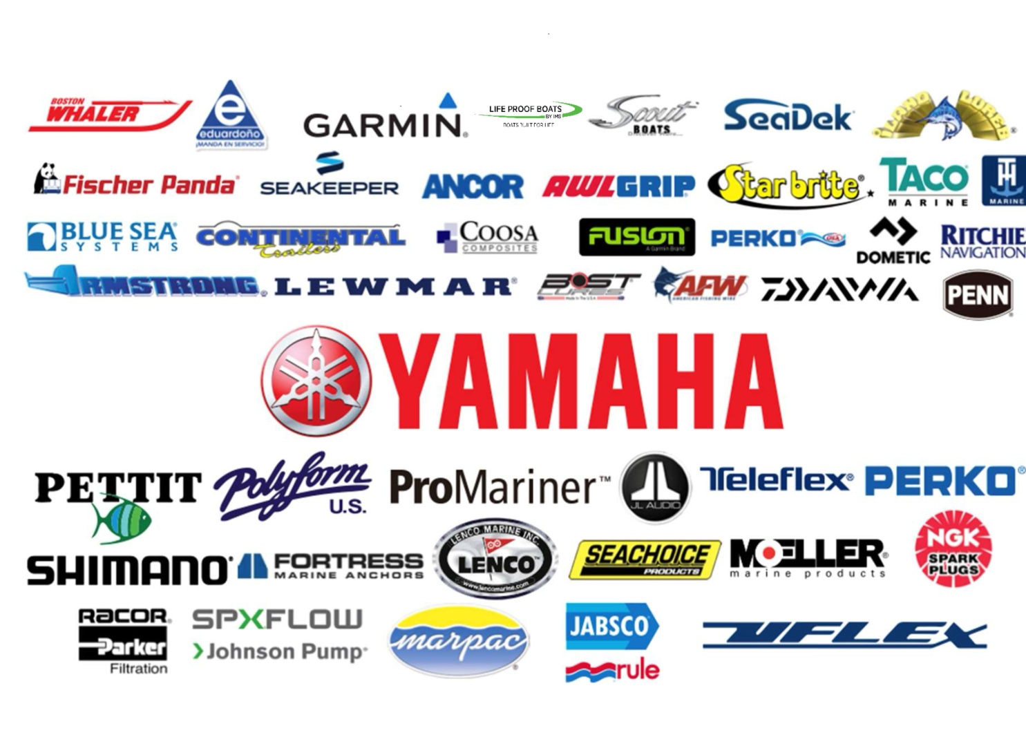 Yamaja Engines — Authorized brands including Yamaha, Garmin, Fusion, JL Audio, Daiwa, Shimano, Boston Whaler, and more